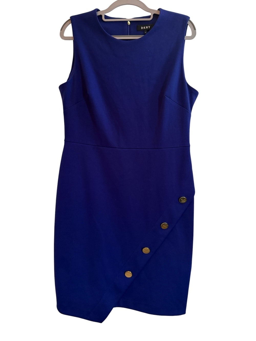 DKNY Sleeveless Cobalt Blue Sheath Dress with Gold Buttons